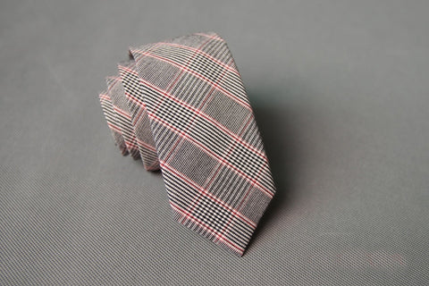 Plaid detail Skinny Tie with Red accent lines (Black & White)