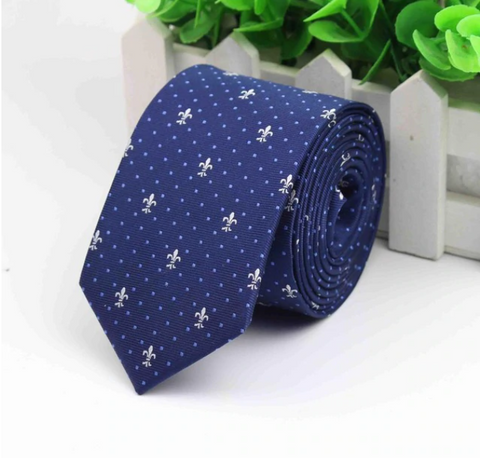 White Fleur de lis & Light Blue Dots on Blue Skinny Tie