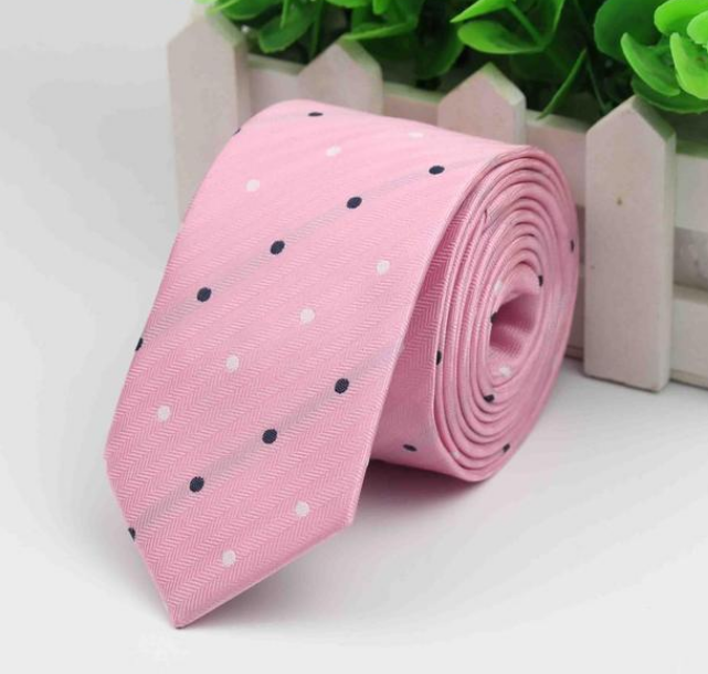 White & Black Polka Dotted Baby Pink Skinny Tie