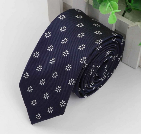 White Spotted Flowers on Dark Blue Skinny Tie