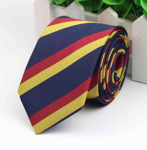 Yellow & Red Stripes on Dark Blue Skinny Tie