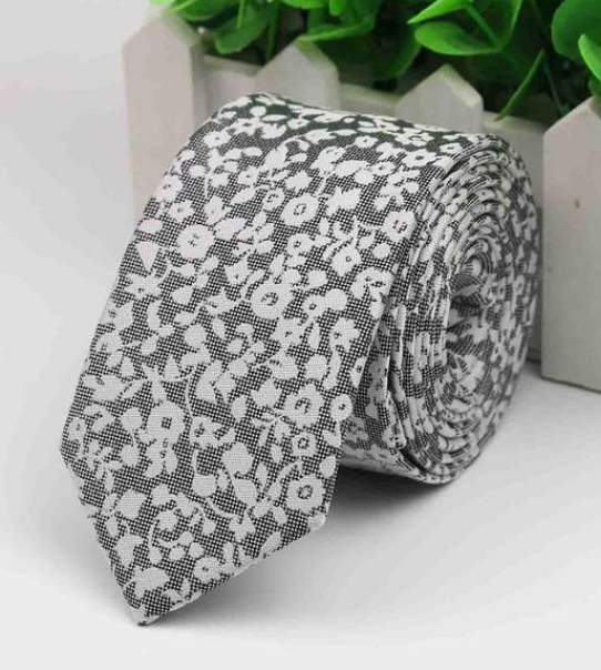 White Florals on Grey Skinny Tie