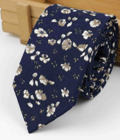 White & Beige Flowers on Dark Blue Skinny Tie