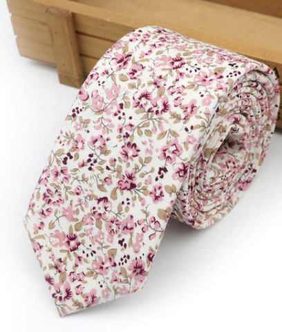 Pastel Pink Flowers on Light Cream Skinny Tie