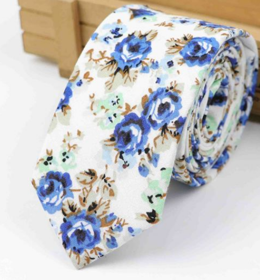 Blue & Teal Roses on Light Cream Skinny Tie
