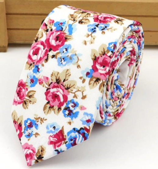 Blue & Pink Roses on White Skinny Tie