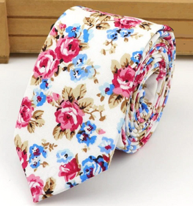 Blue & Pink Roses on White Skinny Tie