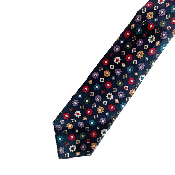 Geometric Flowers on Dark Blue Silk Slim Tie
