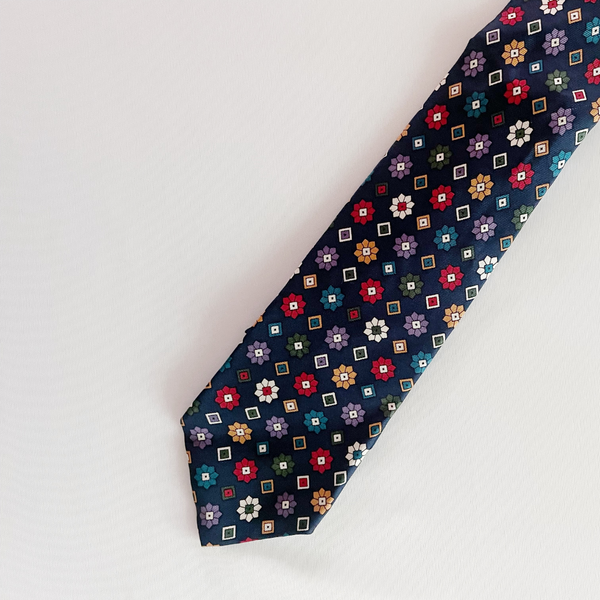 Geometric Flowers on Dark Blue Silk Slim Tie