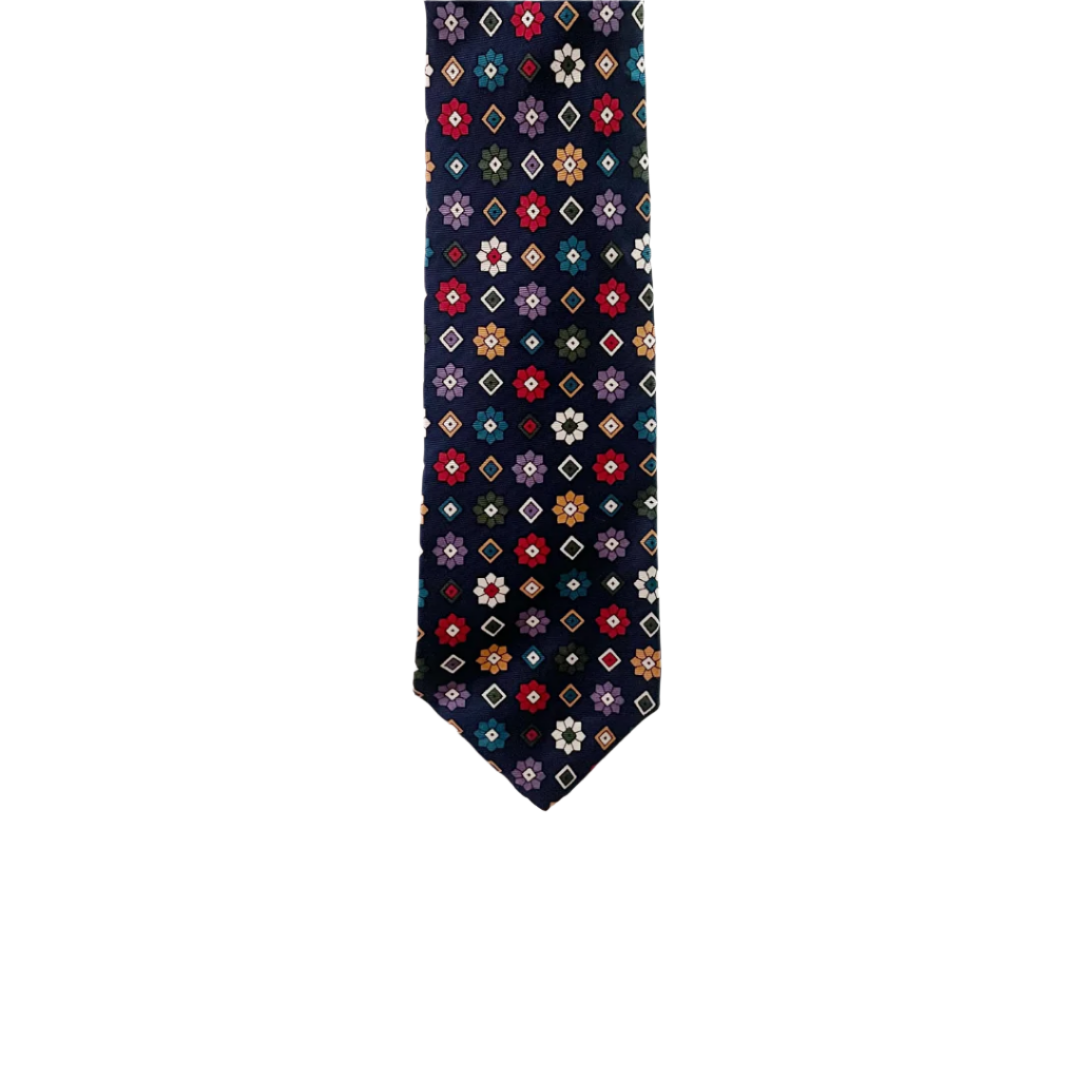 Geometric Flowers on Dark Blue Silk Slim Tie