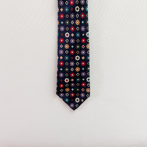 Geometric Flowers on Dark Blue Silk Slim Tie