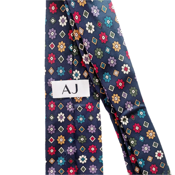 Geometric Flowers on Dark Blue Silk Slim Tie