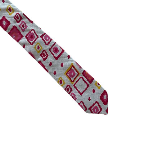 Abstract Pink & Yellow Ink Blot Squares on White Skinny Tie