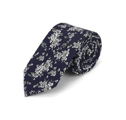 Dark Blue Pencil Drawing Floral Skinny Tie