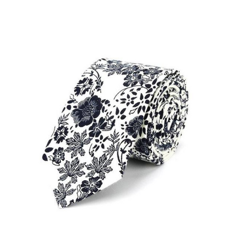 Dark Blue Floral on White Skinny Tie
