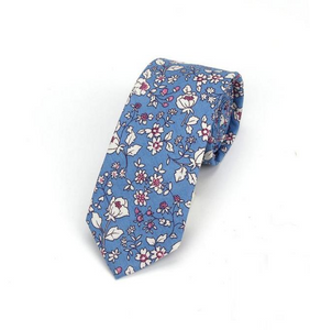 Light Blue Pencil Drawing Floral with Pink accents Skinny Tie