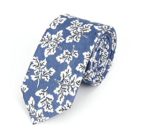 Light Blue Pencil Drawing Autumn Leaves Skinny Tie