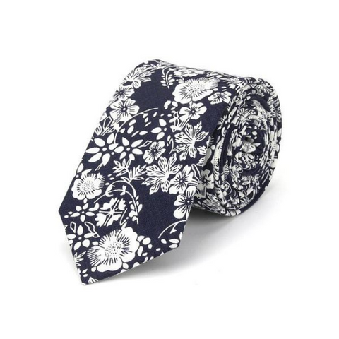 White Floral on Black Skinny Tie
