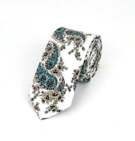 Teal & Beige Paisleys on White Skinny Tie