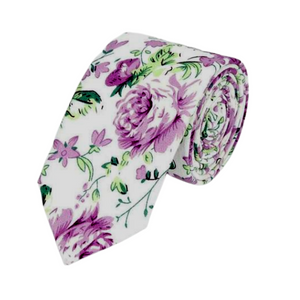 Lilac Rose Floral on White Skinny Tie