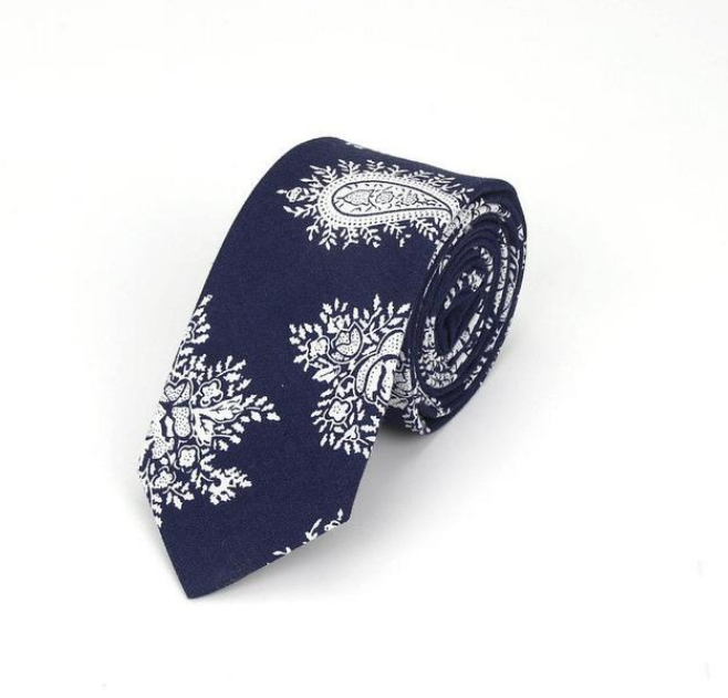 White Paisleys on Dark Blue Skinny Tie