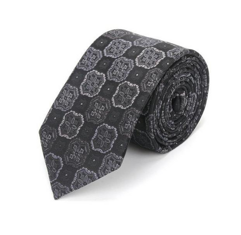 Vintage Geometric Floral Stamp Black Skinny Tie