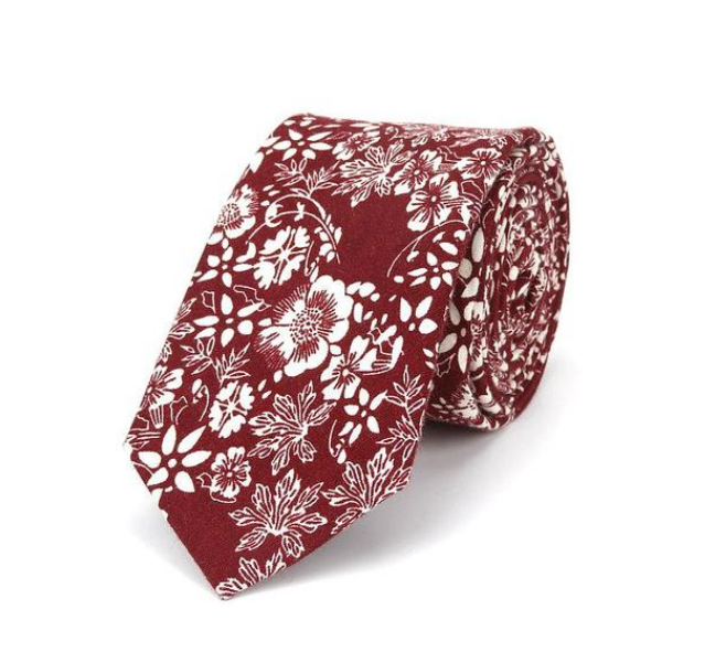 White Floral on Maroon Skinny Tie