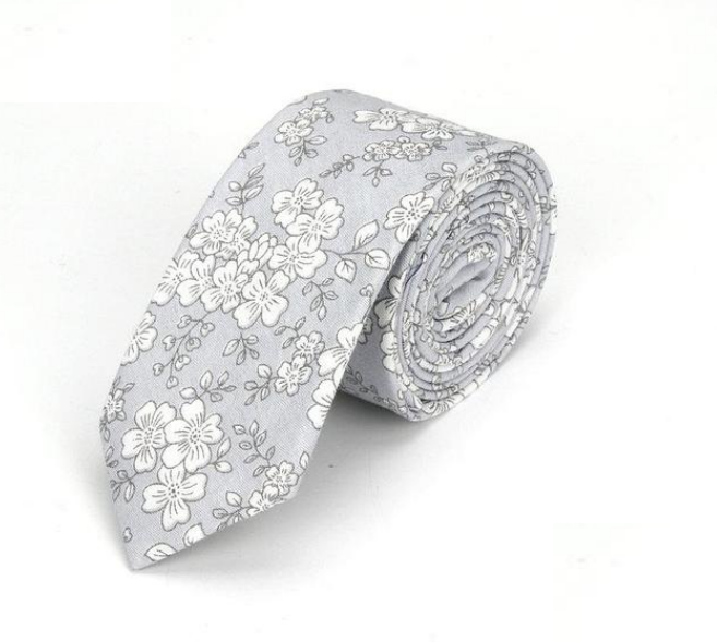 Light Grey Pencil Drawing Floral Skinny Tie