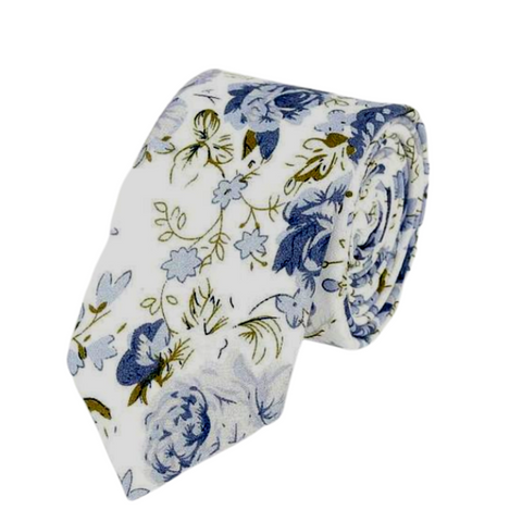 Blue Rose Floral on White Skinny Tie