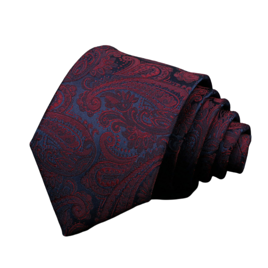 Classic Burgundy Paisley Print on Dark Blue Skinny Tie